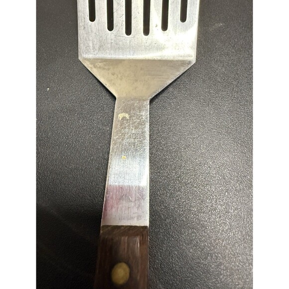 Vintage Slotted Serving Fork Spatula Wooden Handle Stainless 10" Japan *RARE* - Picture 6 of 7